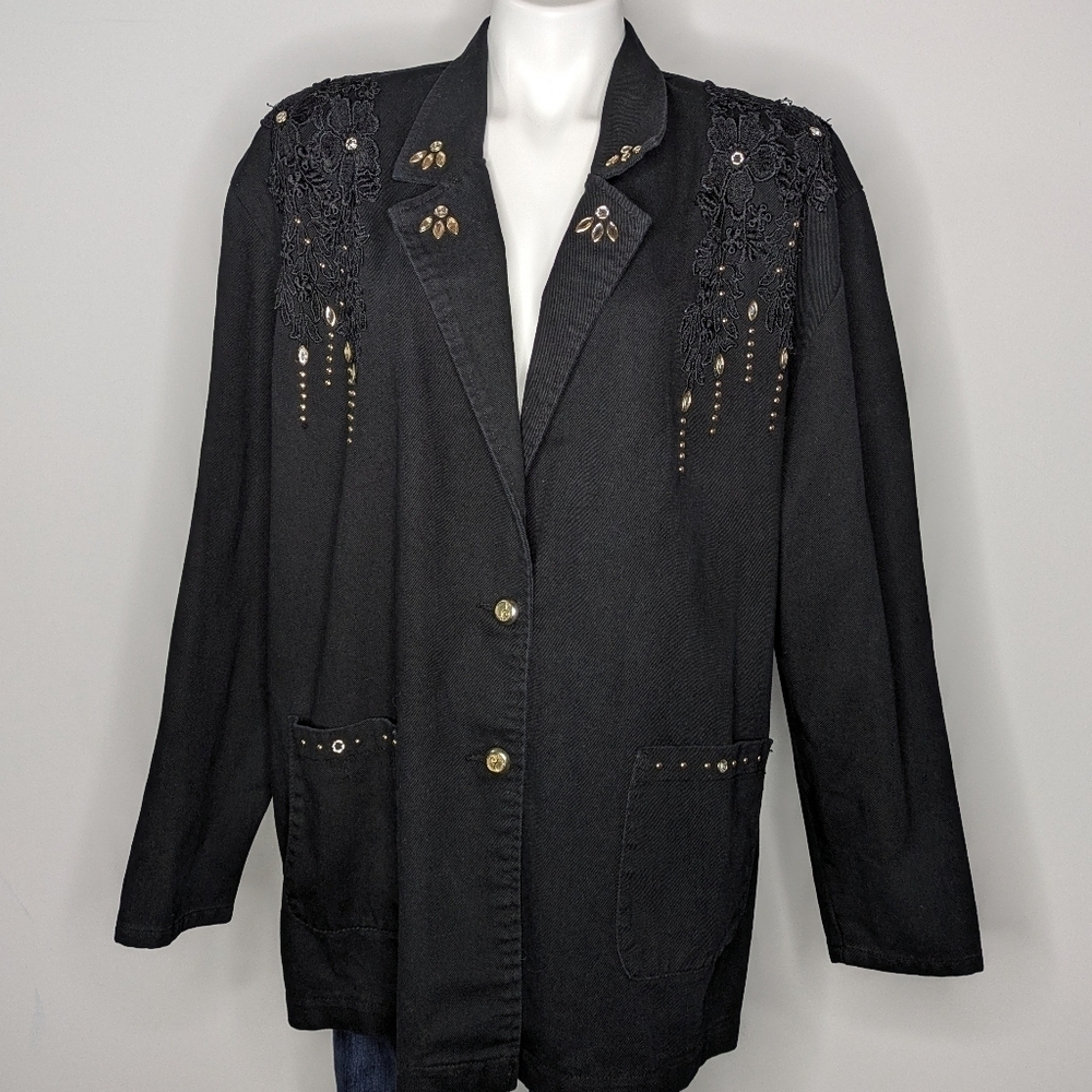 Vintage Cactus Black Gold Applique Embellished Button Up Cotton Jean Jacket L